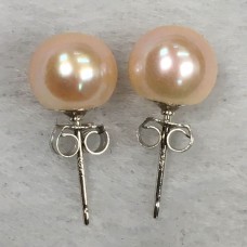 7.5-8mm 淡水珍珠粉紅色面包珠925銀耳環