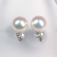 8-8.5mm淡水珍珠白色圓珠925銀耳環鑲白鋯石