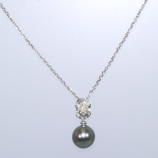 9-10mm大溪地黑珍珠正圓18K白金吊墜鑲鑽石配18K白金意大利鍊